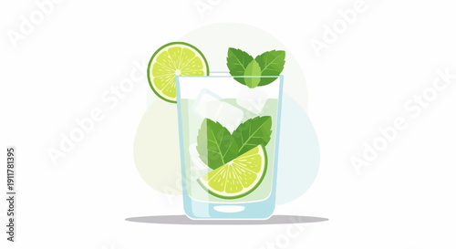 Refreshing beverage with lime and mint ice cubes in a clear glass
