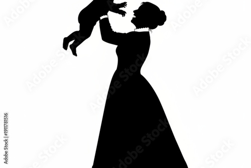 Motherhood silhouette: A tender silhouette captures a mother's joyful moment as she playfully lifts her infant child high, a heartwarming scene of maternal love.