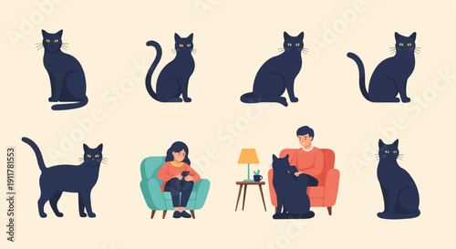 Several black cats in different poses with two people relaxing
