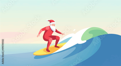 Santa in a red suit surfs a yellow board on a blue wave