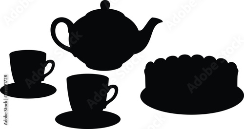 Black silhouettes of teapot, teacups with saucers, and round cake on serving plate, isolated on white background, perfect for tea time, café, and decorative design projects.