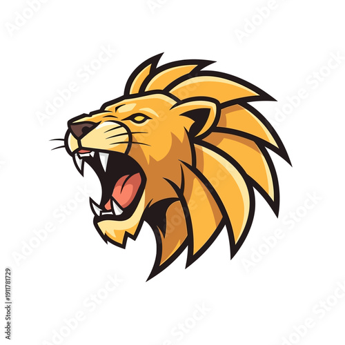 Fierce lion illustration with open mouth and sharp teeth graphic design