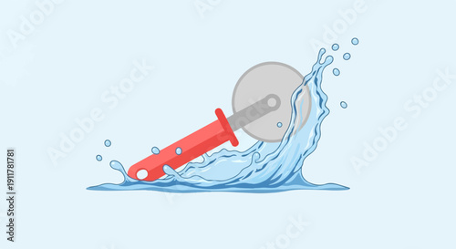 Red-handled pizza cutter cutting through a dynamic water splash