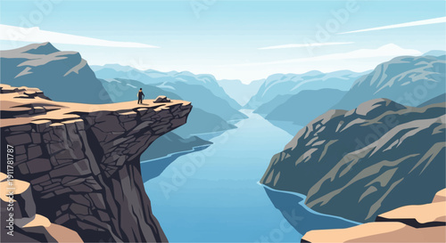 Solitary figure stands on cliff overlooking vast mountain fjord, pixel art