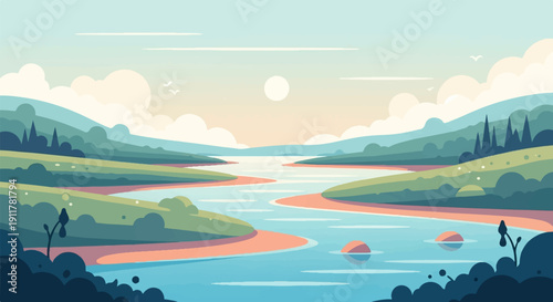 Serene landscape with winding river, rolling hills, and soft clouds at dawn