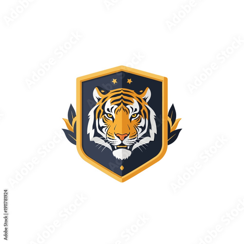 Tiger emblem logo design on shield symbolizing strength and power