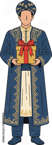 Faceless Muslim man character holding a gift box for Eid al-Fitr and Ramadan. Islamic male in elegant navy blue and gold embroidery robe giving a present