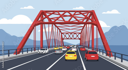 Red truss bridge with traffic jam under a cloudy blue sky