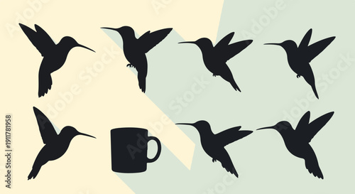 Silhouettes of hummingbirds in flight around a coffee mug