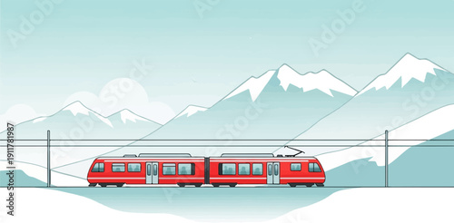 Red train travels through a snowy mountain landscape under overhead wires