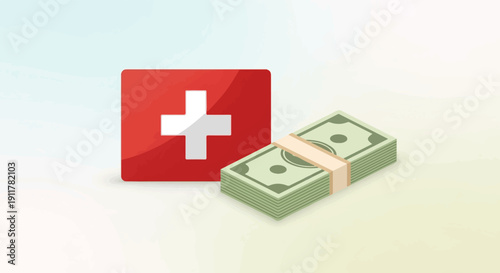 Red Swiss cross symbol and stack of bills