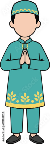 Faceless Muslim boy character greeting with hands together in elegant teal and gold leaf embroidery tunic. Islamic kid standing with respect for Eid al-Fitr, Ramadan Kareem, and Eid Mubarak
