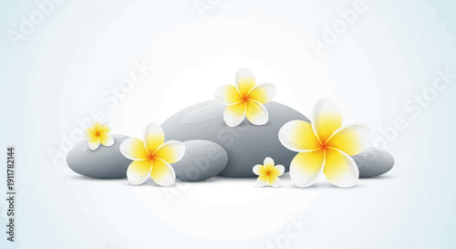 Smooth gray stones and yellow flowers arranged on a white background