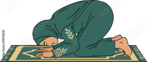 Muslim woman performing sujud prostration on prayer rug. Islamic female character praying salah during Ramadan, Eid al-Fitr, and daily worship