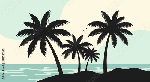 Silhouetted palm trees against a pastel sky with a calm ocean