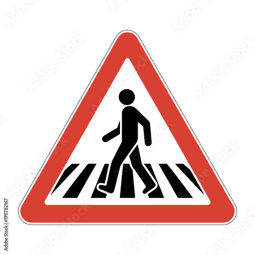 Pedestrian Crossing Warning Sign featuring a bold black silhouette of a person walking, designed as a standard road safety symbol for traffic control and urban planning.