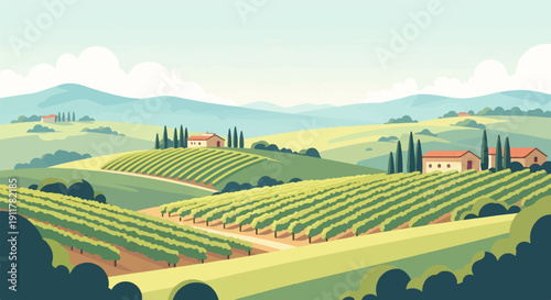 Rolling hills covered in vineyards, dotted with Tuscan-style farmhouses and cypress trees