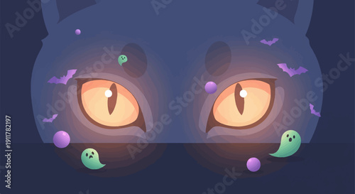 Spooky cat eyes glowing orange amidst purple bats and green ghosts