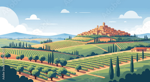 Rolling Tuscan hills with a village and vineyards under a blue sky
