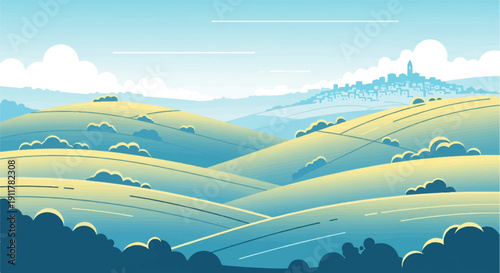 Rolling sunlit hills lead to a distant, charming, blue-hued town skyline