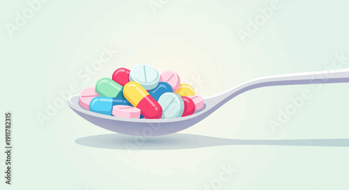 Spoon holding a variety of colorful pills and capsules