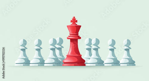 Red king chess piece stands out amongst a line of white pawns