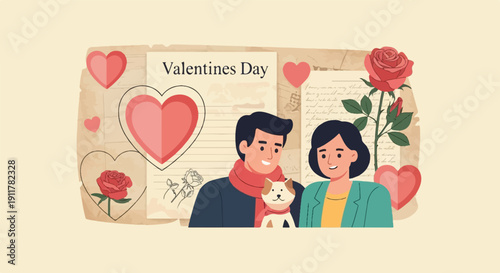Romantic couple with dog and roses celebrating Valentine's Day on vintage paper