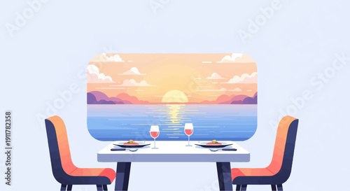 Romantic dining setting with sunset view over the ocean