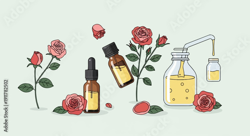 Rose essence being bottled and a dispenser filling small jars