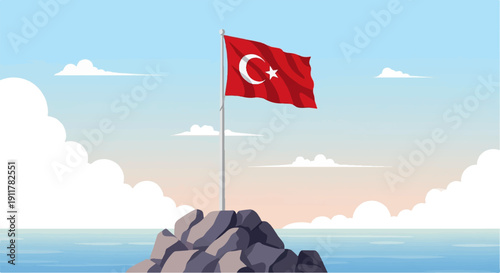 Red flag with white crescent and star flies on a rocky island