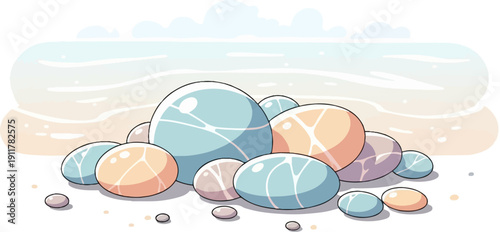 Smooth, rounded pebbles in pastel shades lie on a sandy shore under soft clouds