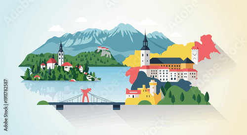 Scenic representation of a lake, island church, bridge, mountains, and historic buildings