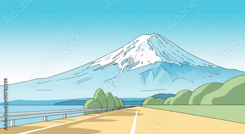 Scenic road leading to a snow-capped mountain under a clear sky