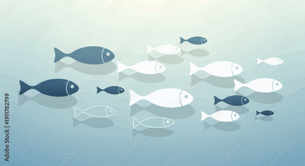 Fototapeta premium School of blue and white fish swimming in calm, light blue water