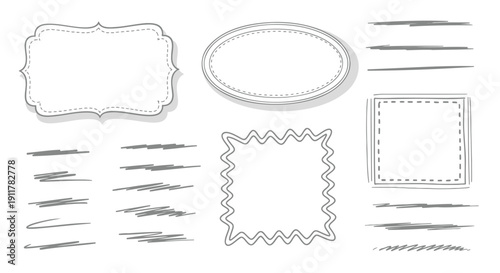 Collection of vintage style label and border illustrations in black and white