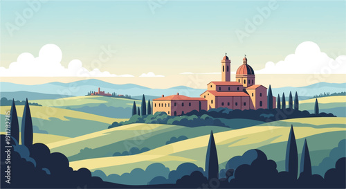 Serene Tuscan village with domed church and rolling hills, pixel art