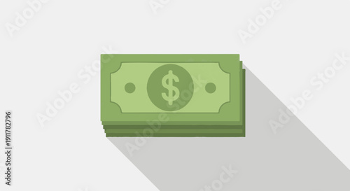 Stack of flat design green dollar bills with shadow on light background