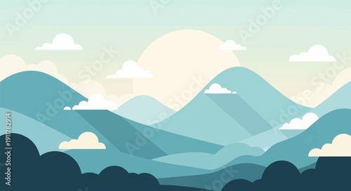 Serene, stylized mountain range with a large sun and fluffy clouds