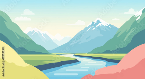 Serene mountain valley with winding river under a pale sky