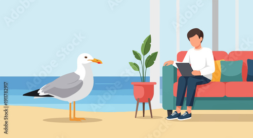 Seagull on beach observes person on couch with tablet