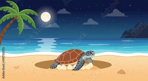 Sea turtle nesting on a sandy beach under the moonlight with a palm tree