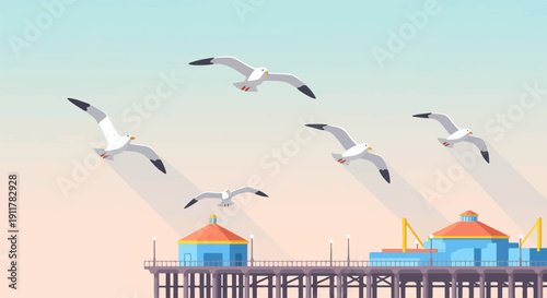 Seagulls soar above a pier against a pastel sky at sunset