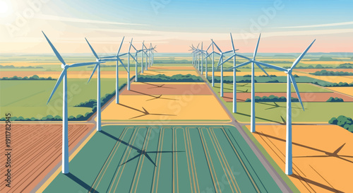 Rows of wind turbines dotting a rural landscape under a bright sky