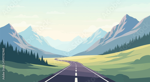 Serene mountain vista with a winding road leading through rolling hills