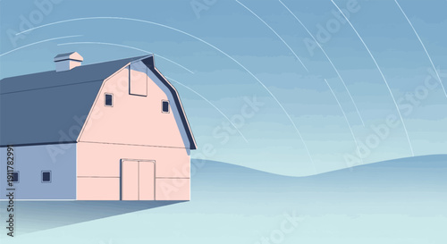 Serene rural scene featuring a pink barn with a grey roof under a vast blue sky