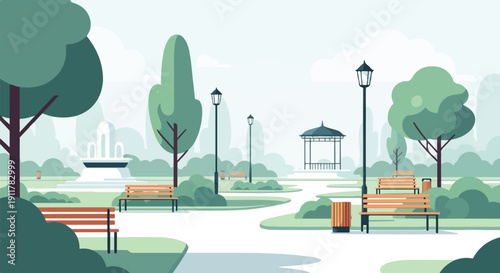 Serene park scene with benches, trees, lamps, a fountain, and gazebo