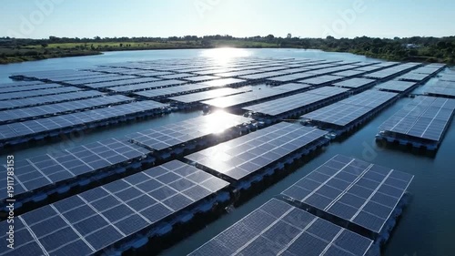 Large array of floating solar panels generating clean energy on a calm lake