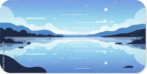 Serene blue mountain lake landscape with cloudy sky and reflections