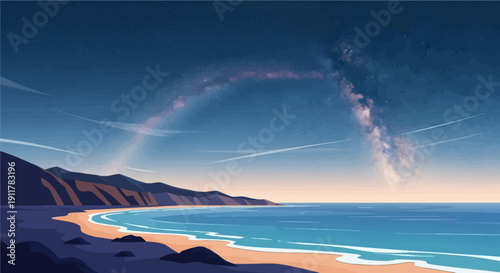 Serene beach vista under a pixelated starry night sky and milky way