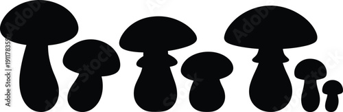 Seven black mushroom silhouettes in varying sizes and shapes, isolated on white background, perfect for fungi, biology, food, decorative, and design projects.